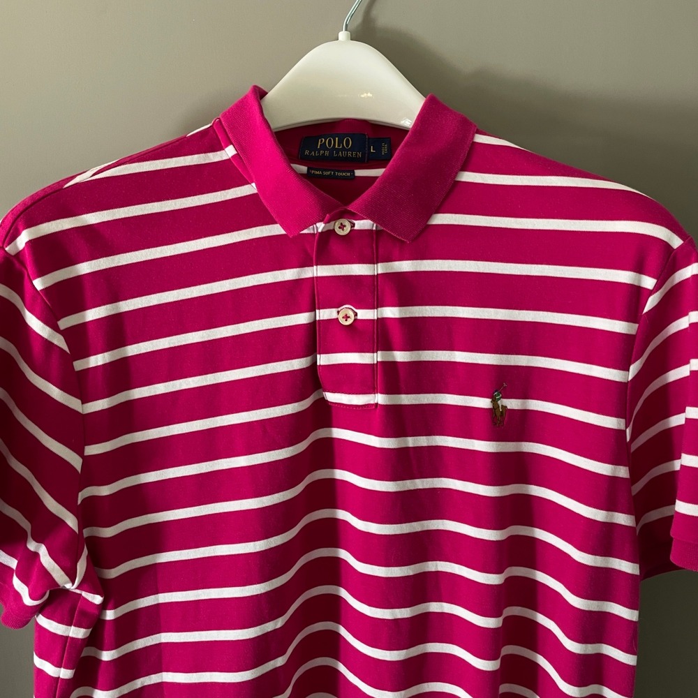 Polo Ralph Lauren Mens Large Pink White Striped Pima Soft Touch Polo Shirt L